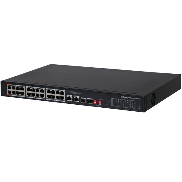 Dahua PoE-Switch, 26 Ports, 24 Ports PoE, 2 Ports SFP, 250 m, unmanaged, Desktop, Rack